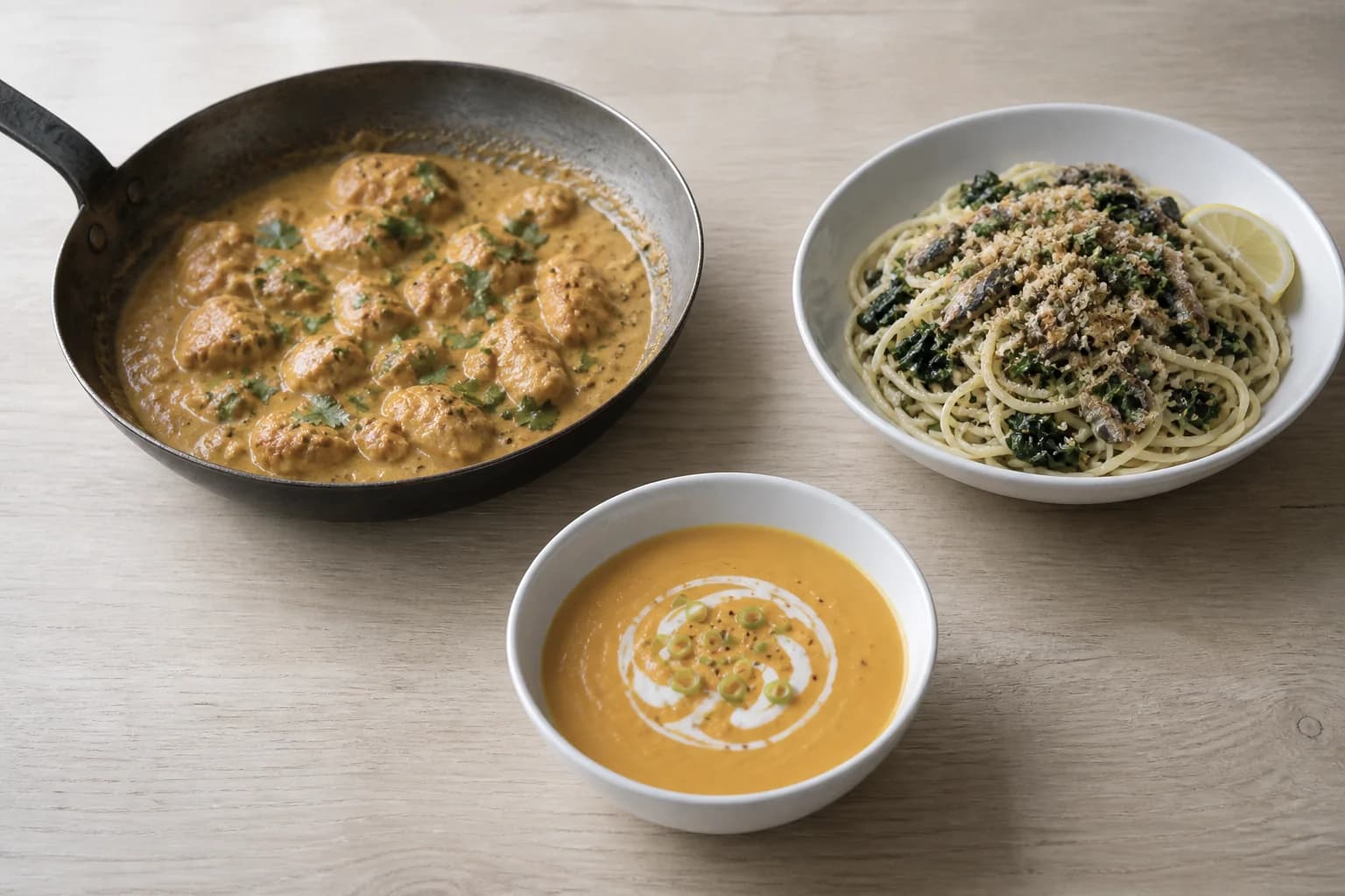 A pan of golden butter chicken, a bowl of lemon sardine spaghetti and a bowl of roasted squash soup