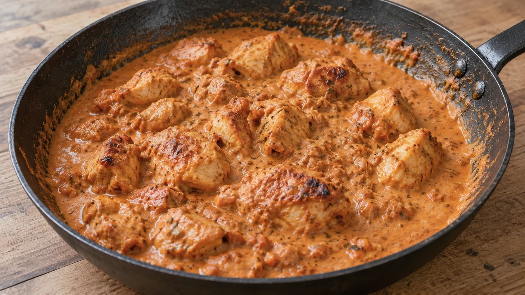 A close-up of golden butter chicken in a dark skillet on a wooden kitchen surface