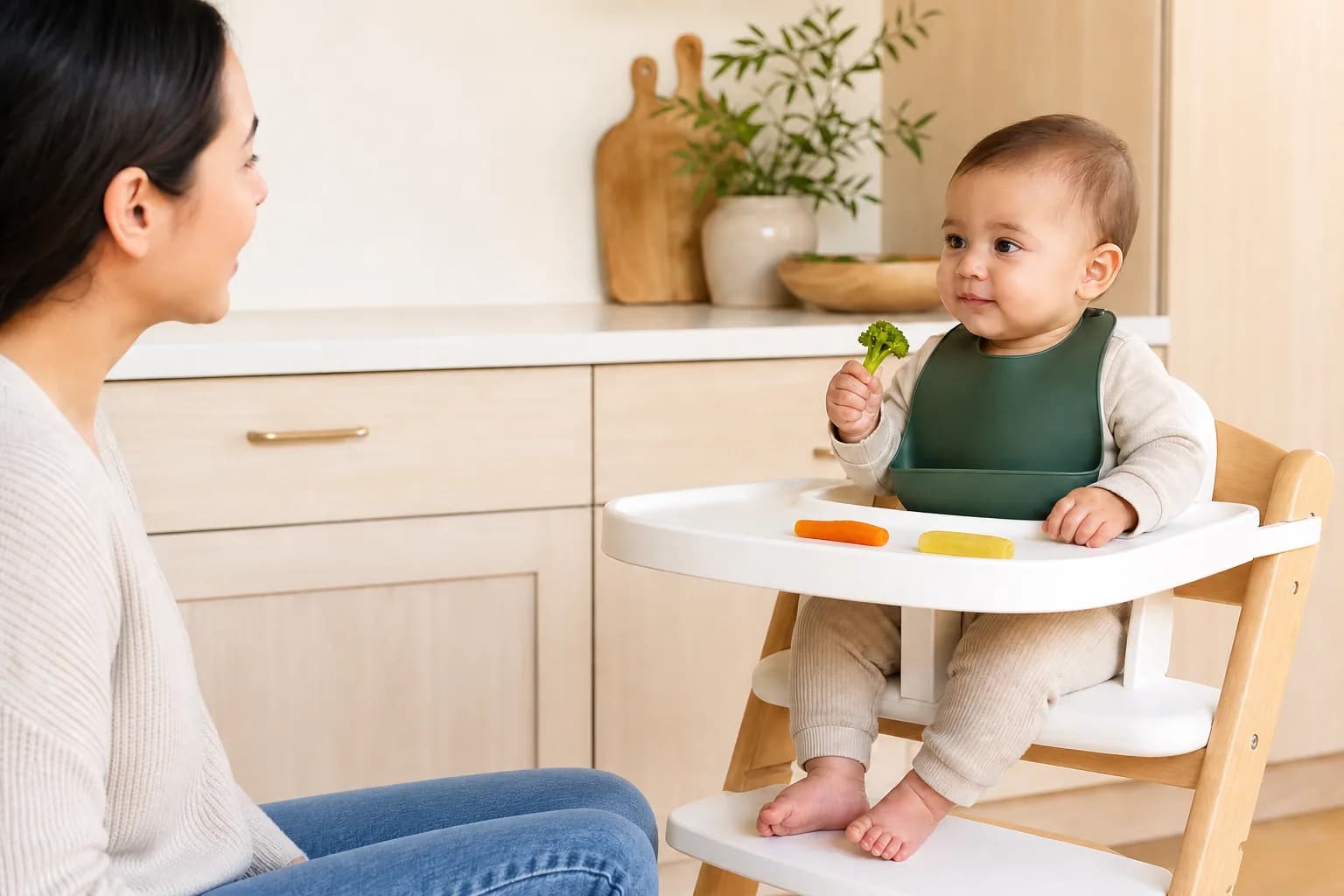 A baby in a highchair holding a broccoli floret, with sliced carrot and mango on the tray and a parent seated alongside