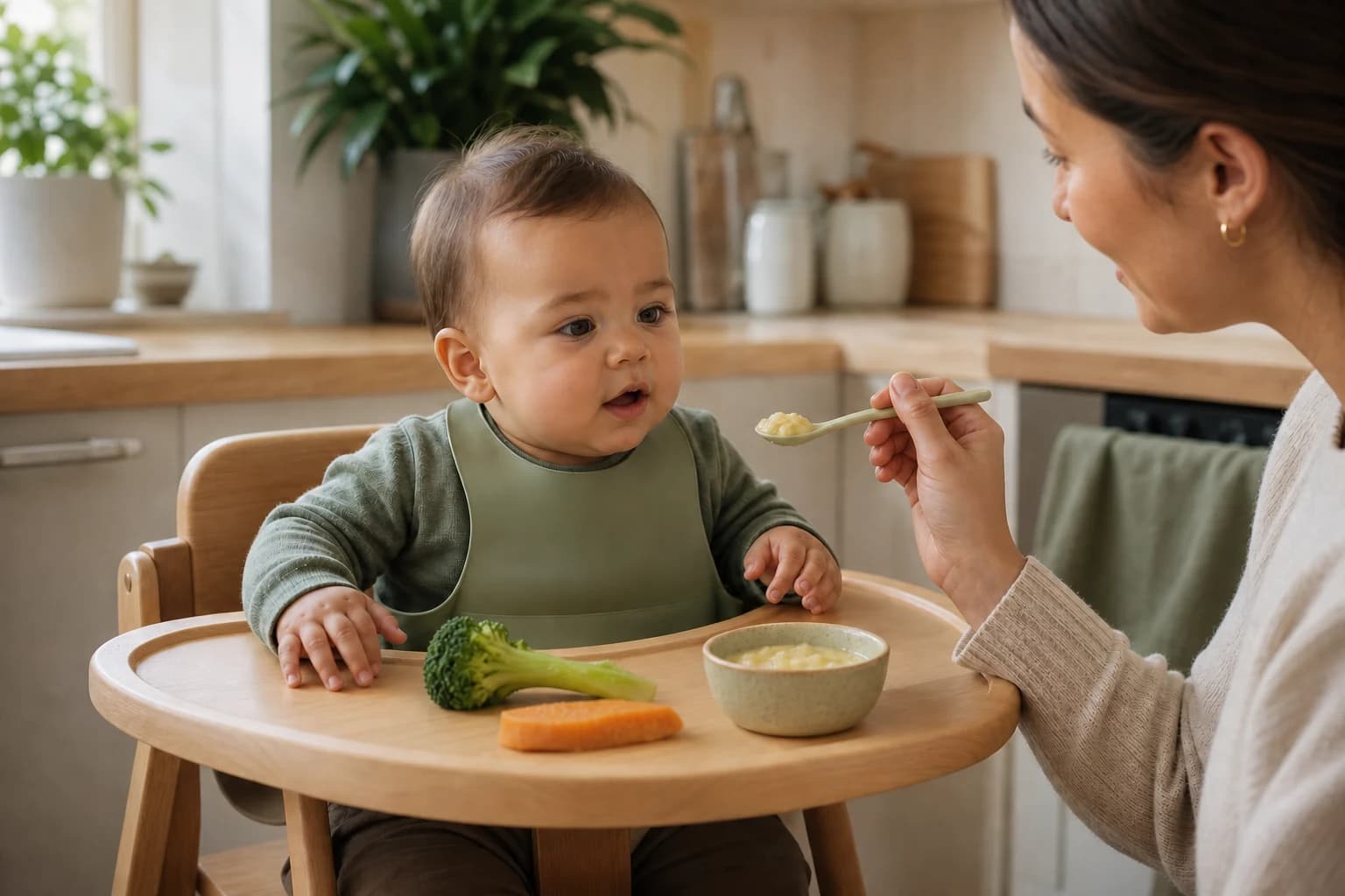A baby in a highchair with soft finger foods on the tray while a parent holds a spoonful of mash nearby