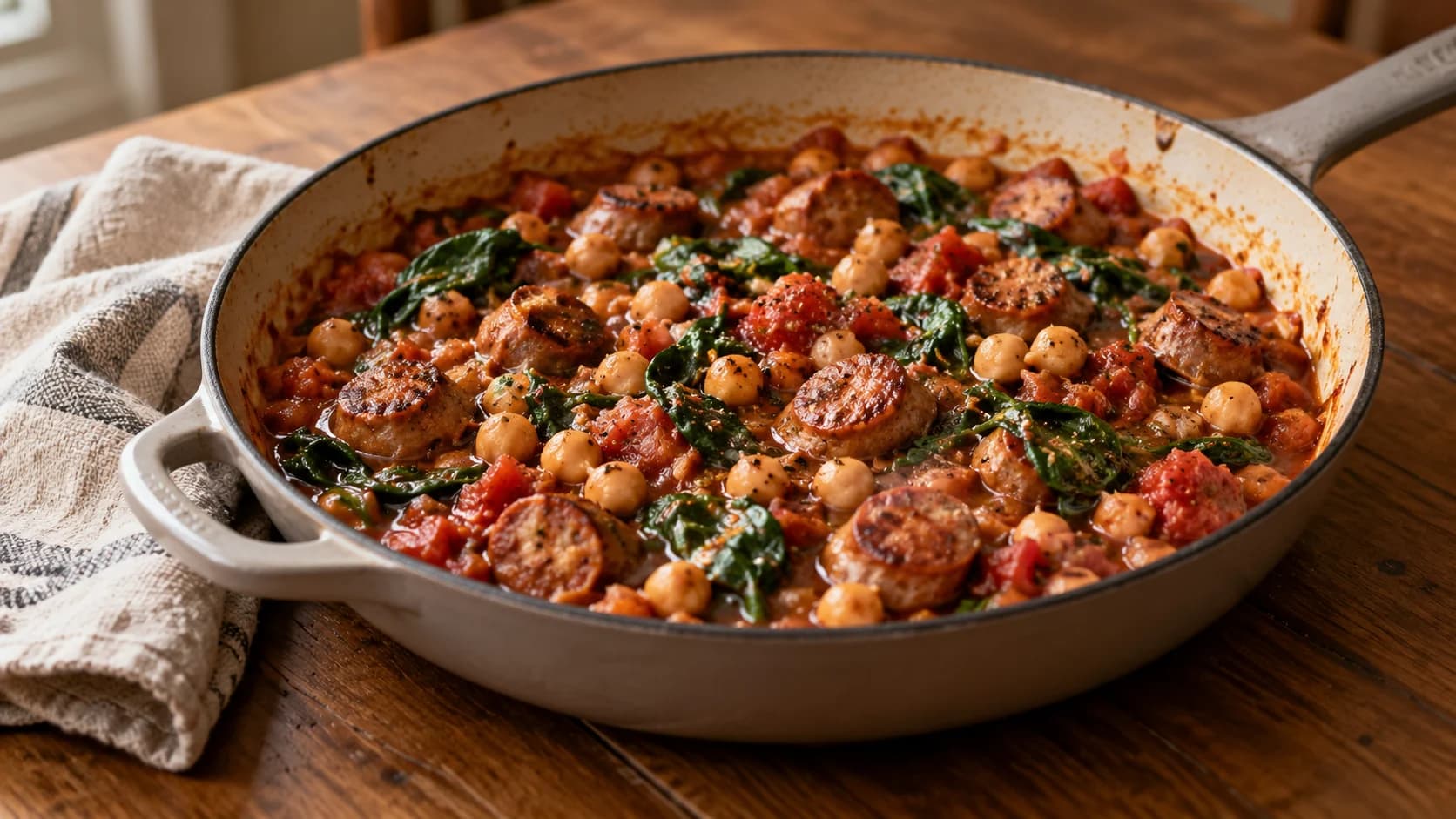 A pan of sausage and chickpea stew with tomato sauce and spinach on a wooden table