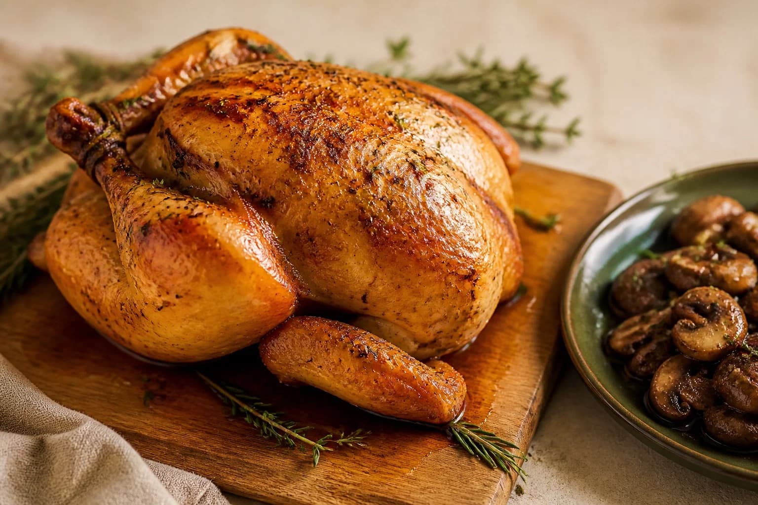 A golden roast chicken on a wooden board with pan juices and herbs