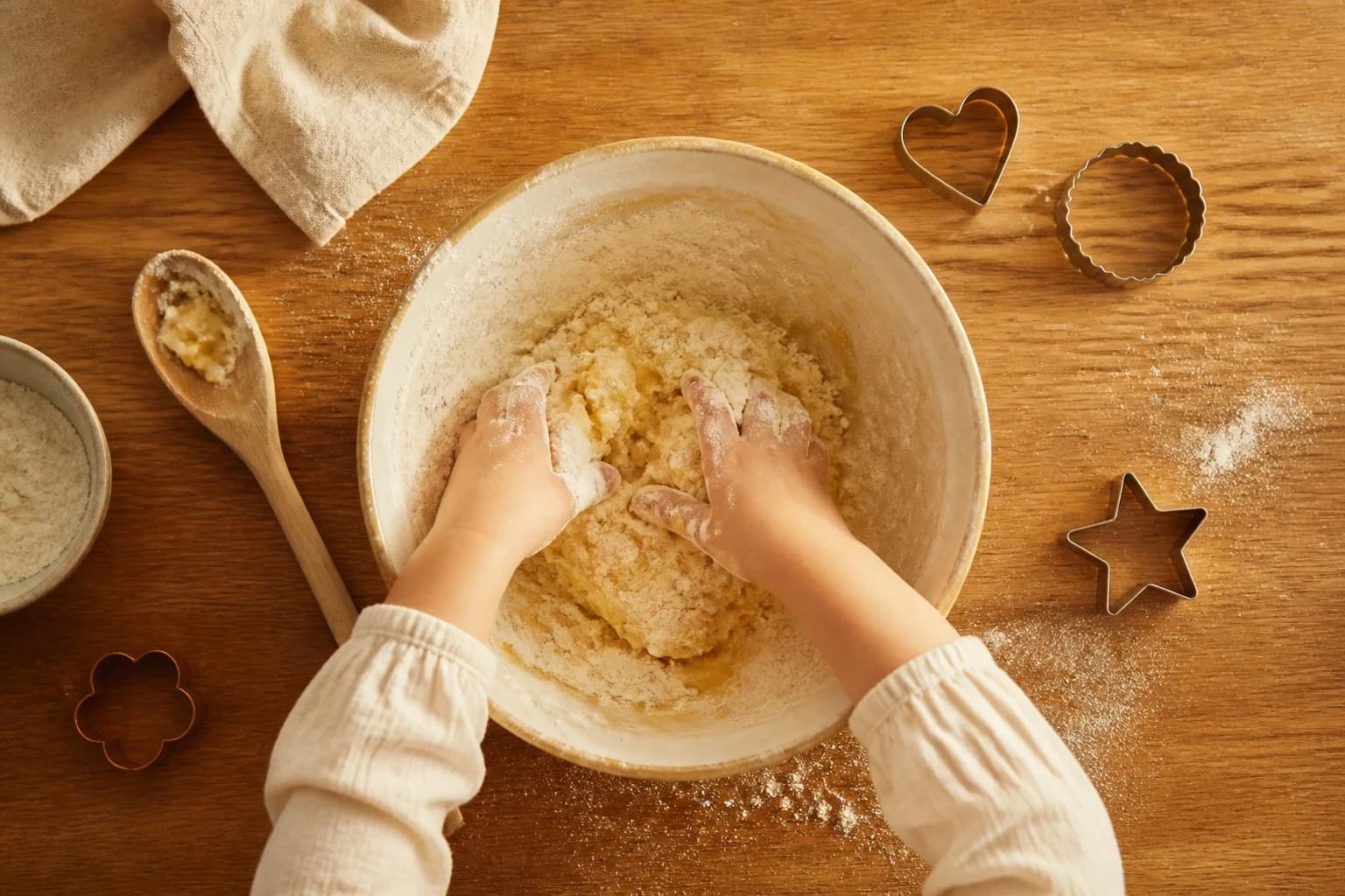 Small hands mixing dough in a bowl on a wooden kitchen counter