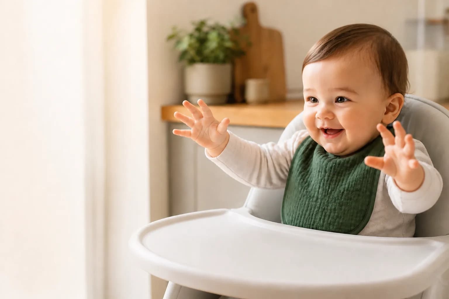 A smiling baby sitting upright in a highchair with both hands raised