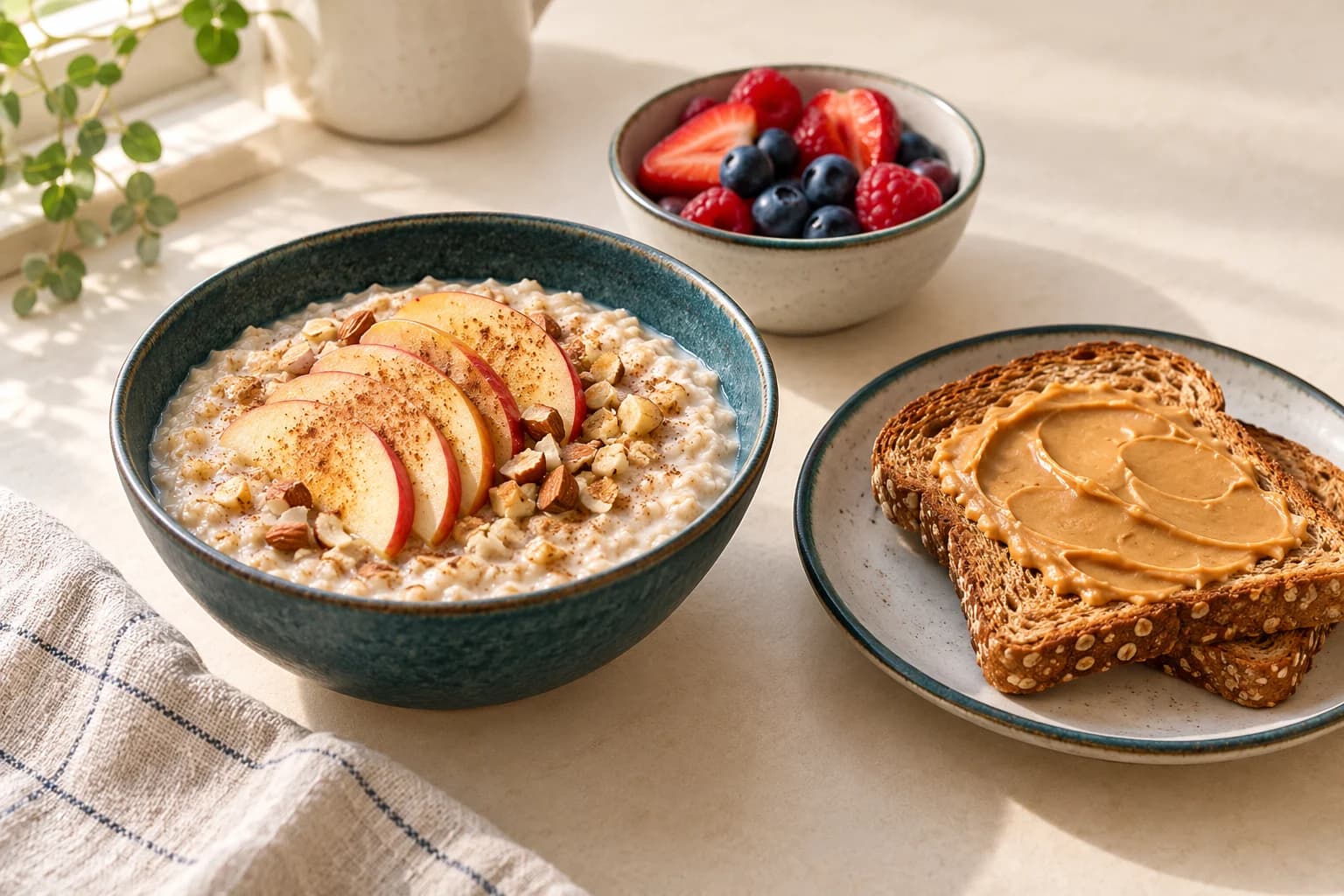 Porridge topped with apple beside peanut butter toast and a bowl of berries