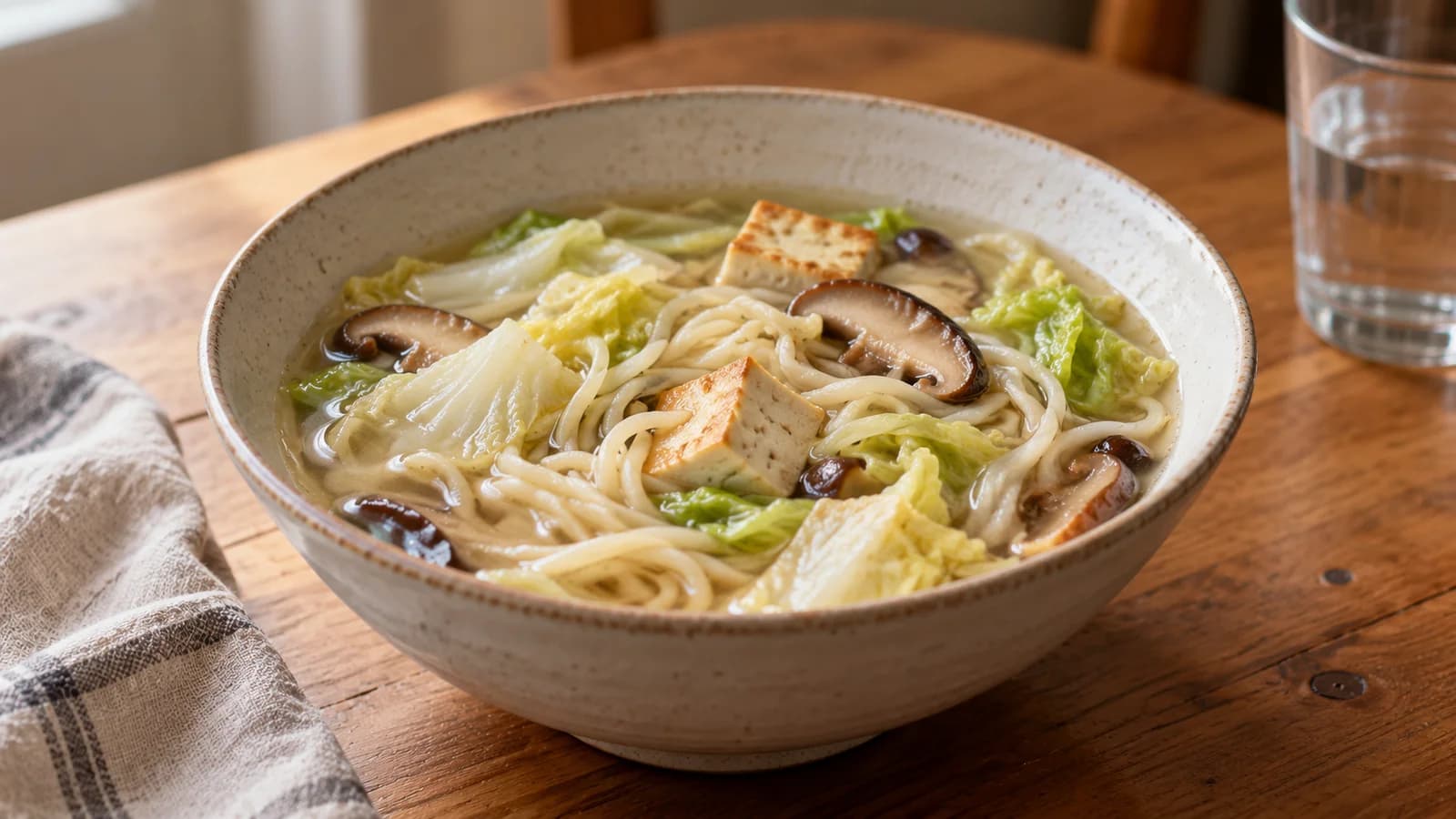 A bowl of wheat noodle soup with mushrooms, cabbage and browned tofu on a wooden table.