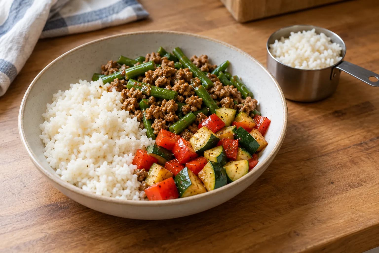 A bowl of rice with minced turkey, green beans, red pepper and courgette beside a measuring cup of cooked rice