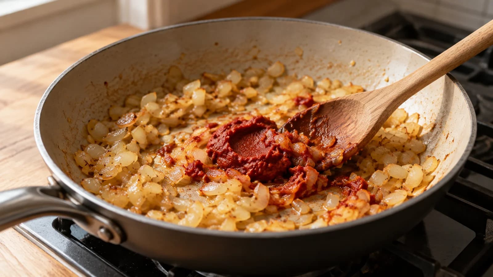Tomato paste and softened onion in a shallow pan with a wooden spoon.