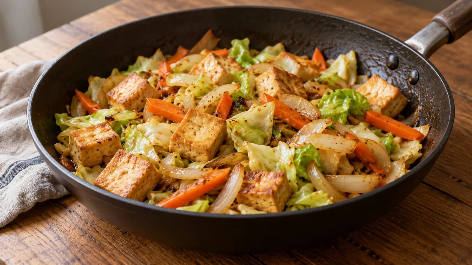 A small serving of stir-fried tofu and vegetables in a shallow pan with a light coating of sauce.