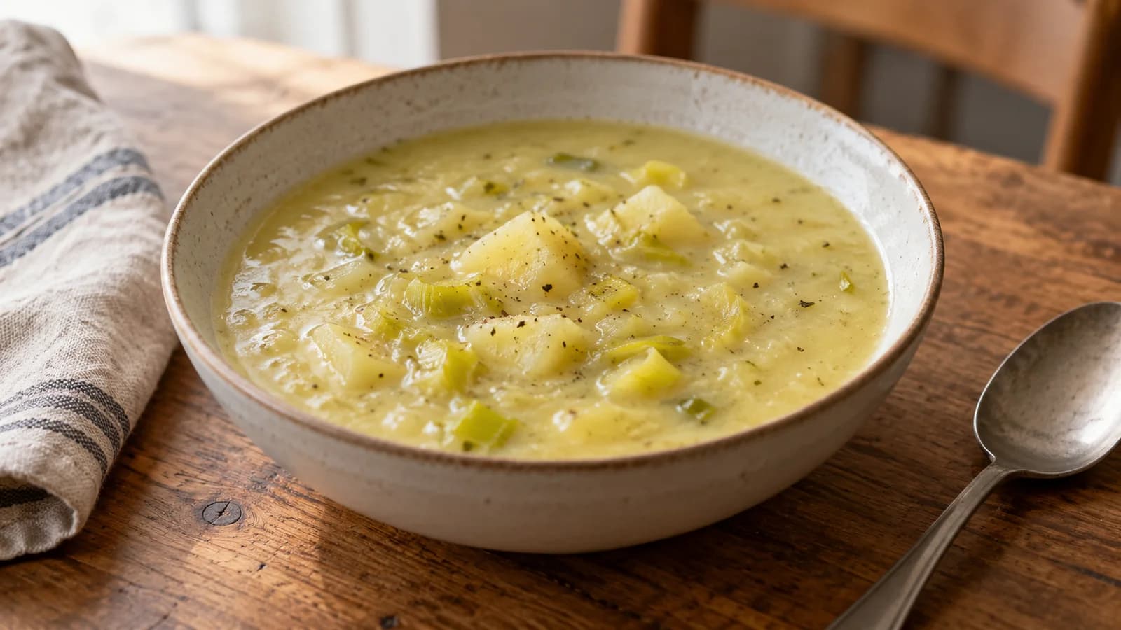 A bowl of thick potato and leek soup with a few cooked potato pieces and a spoon nearby.