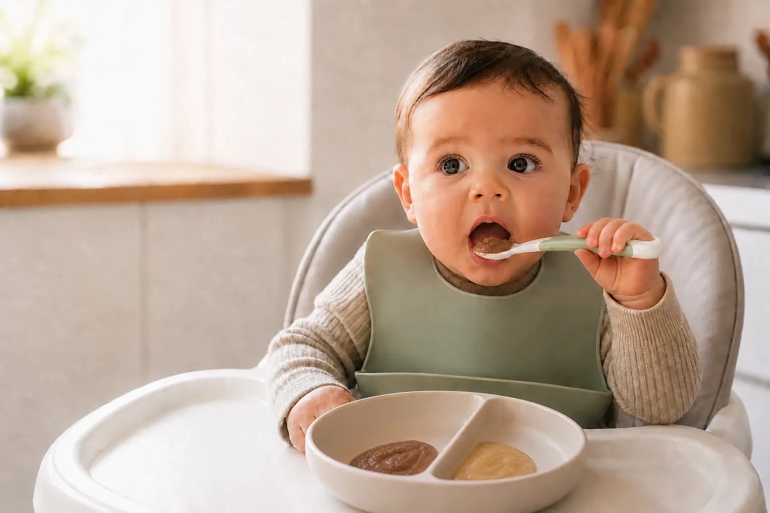 A baby in a highchair being offered a spoonful of purée, with a divided plate of purées on the tray