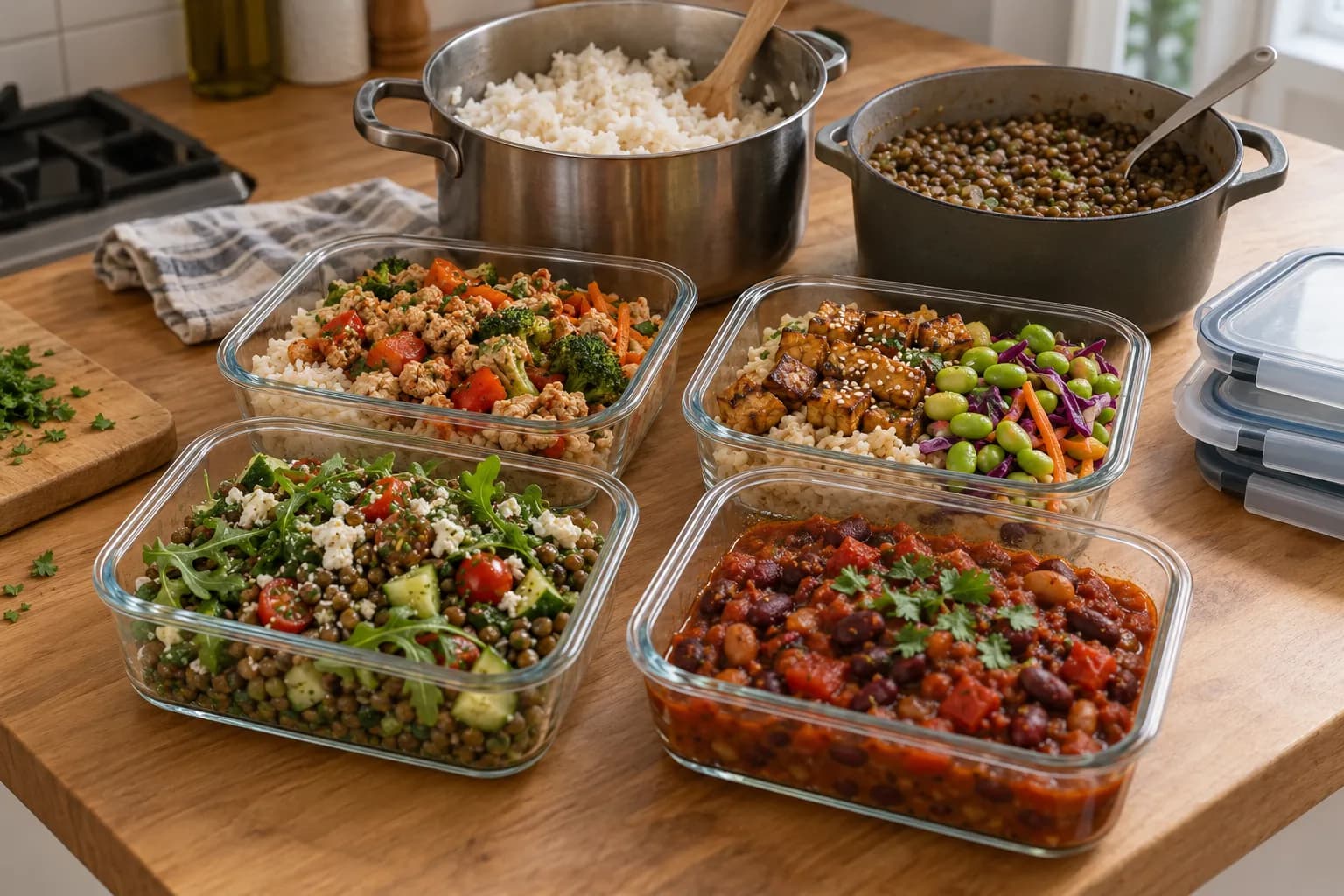 Pots of cooked rice and lentils behind four glass containers each holding a different prepared meal