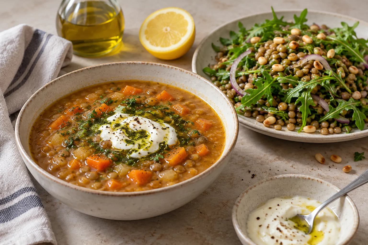 Lentil soup with herb oil and yoghurt beside a warm lentil salad with rocket, a lemon half and olive oil