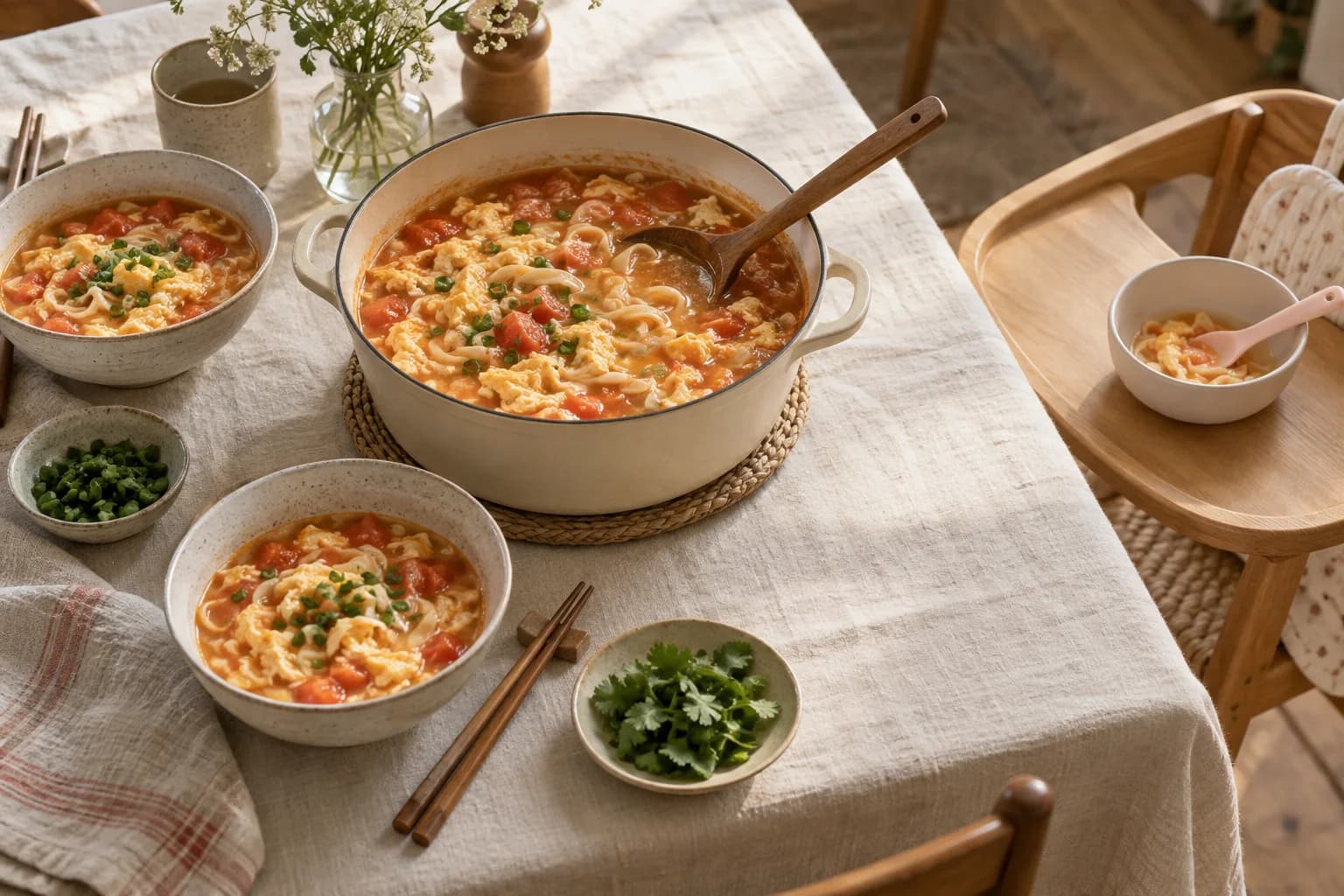A pot of soup on a family table with a small bowl set aside for a baby