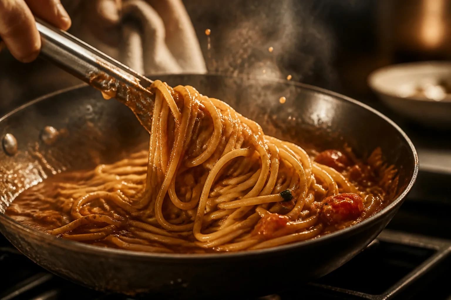 Spaghetti being tossed in a pan with glossy tomato sauce
