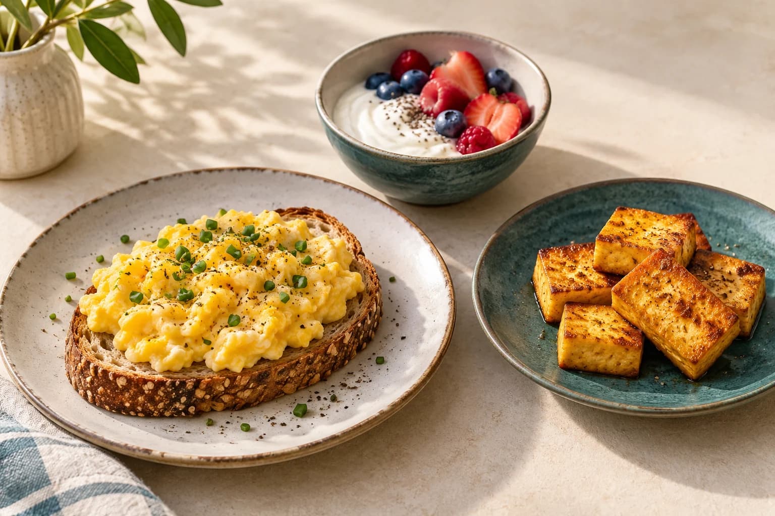 Scrambled eggs on toast beside a yoghurt bowl and golden tofu pieces