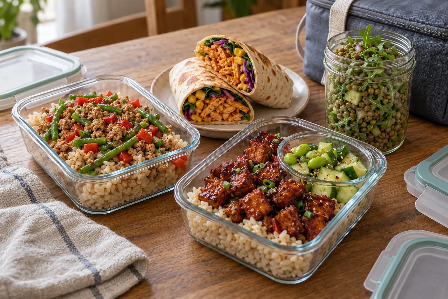 Glass lunch containers of turkey rice and glazed tempeh rice beside a halved tofu wrap and a jar of lentil salad