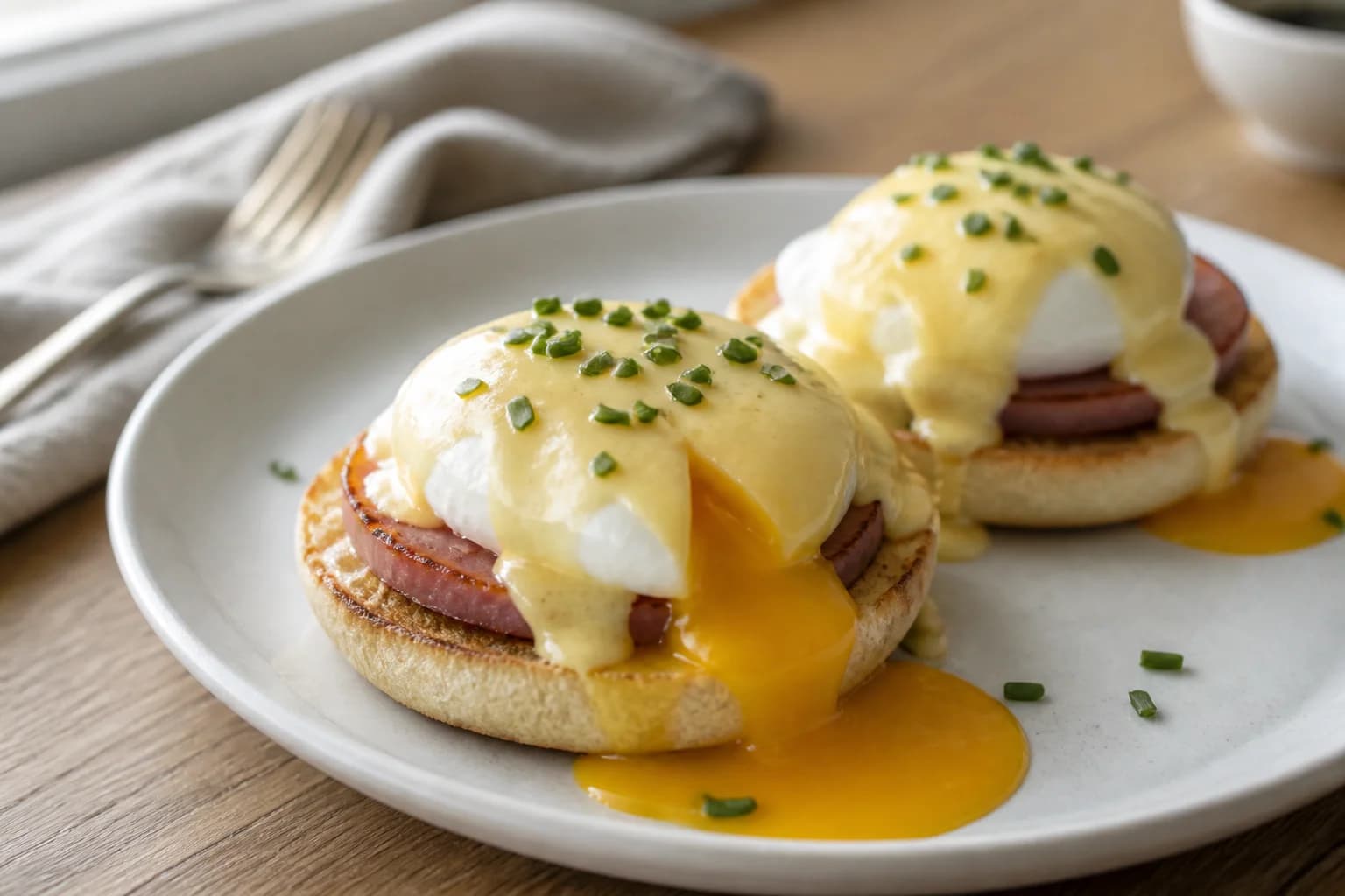 Eggs Benedict with poached eggs and runny yolk on a white plate