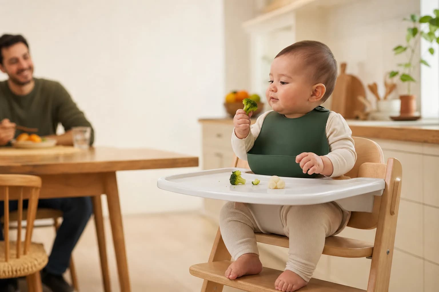 A baby in a highchair holding a broccoli floret, with a parent eating at the table nearby