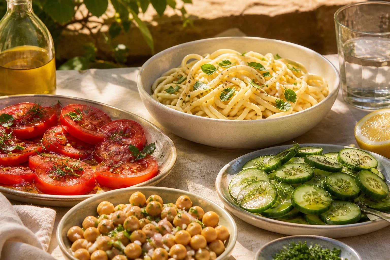 A summer table of tomatoes, herbs, chickpeas and a no-cook salad