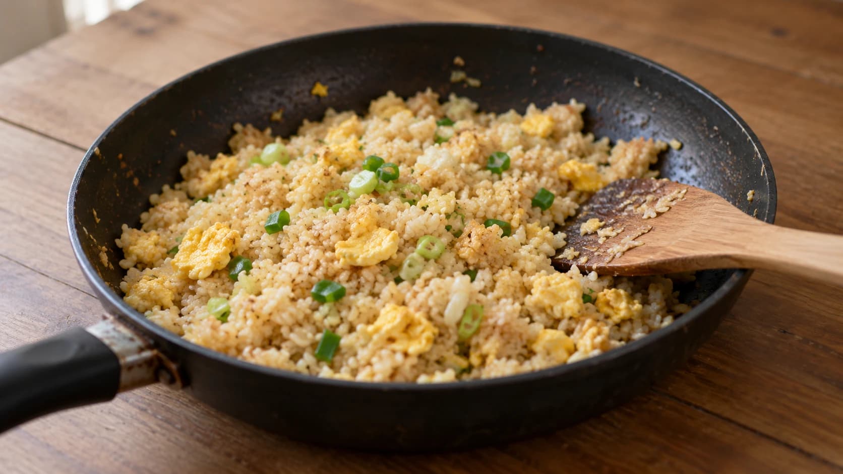 Egg fried rice in a dark frying pan with a wooden spatula