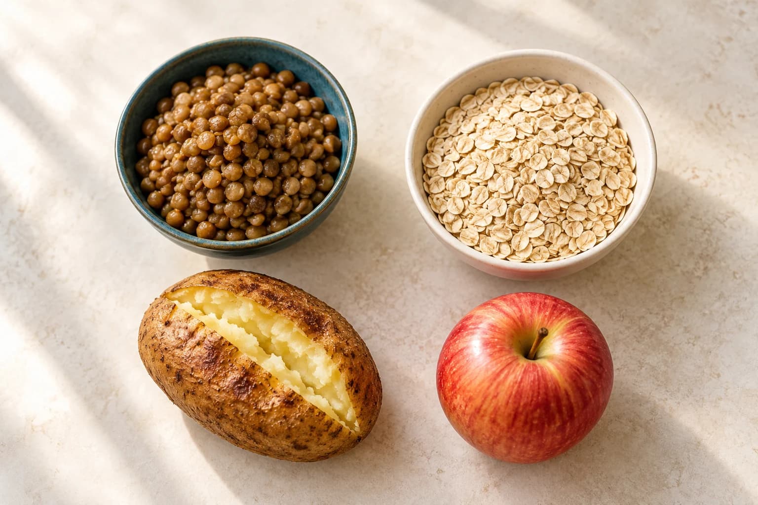 A bowl of lentils, dry oats, a baked potato and a red apple on a cream table