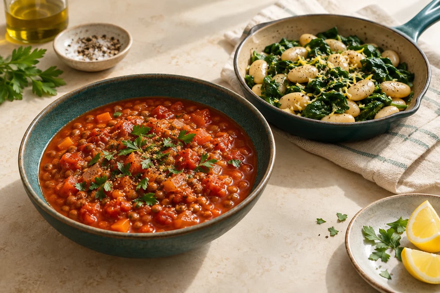 Tomato and lentil stew beside butter beans with spinach on a cream table