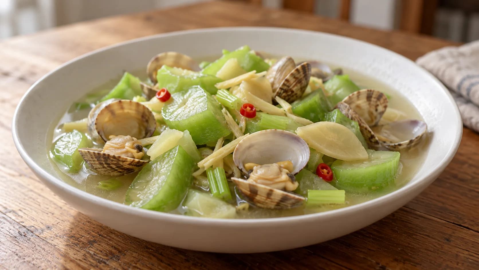 Open clams, green loofah and red chilli in a plain bowl of pale broth