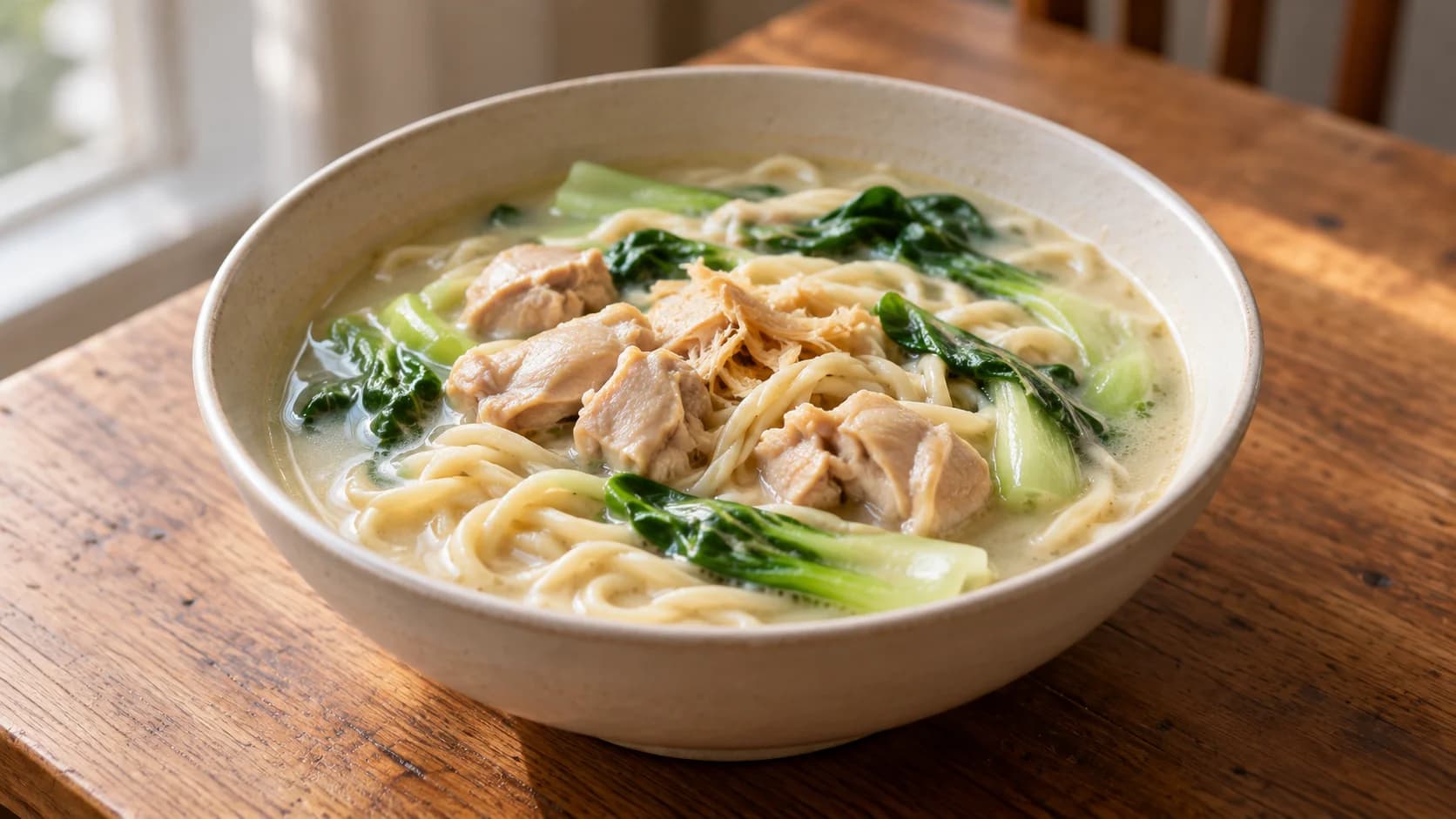 Creamy chicken noodle soup with baby bok choy in a plain bowl