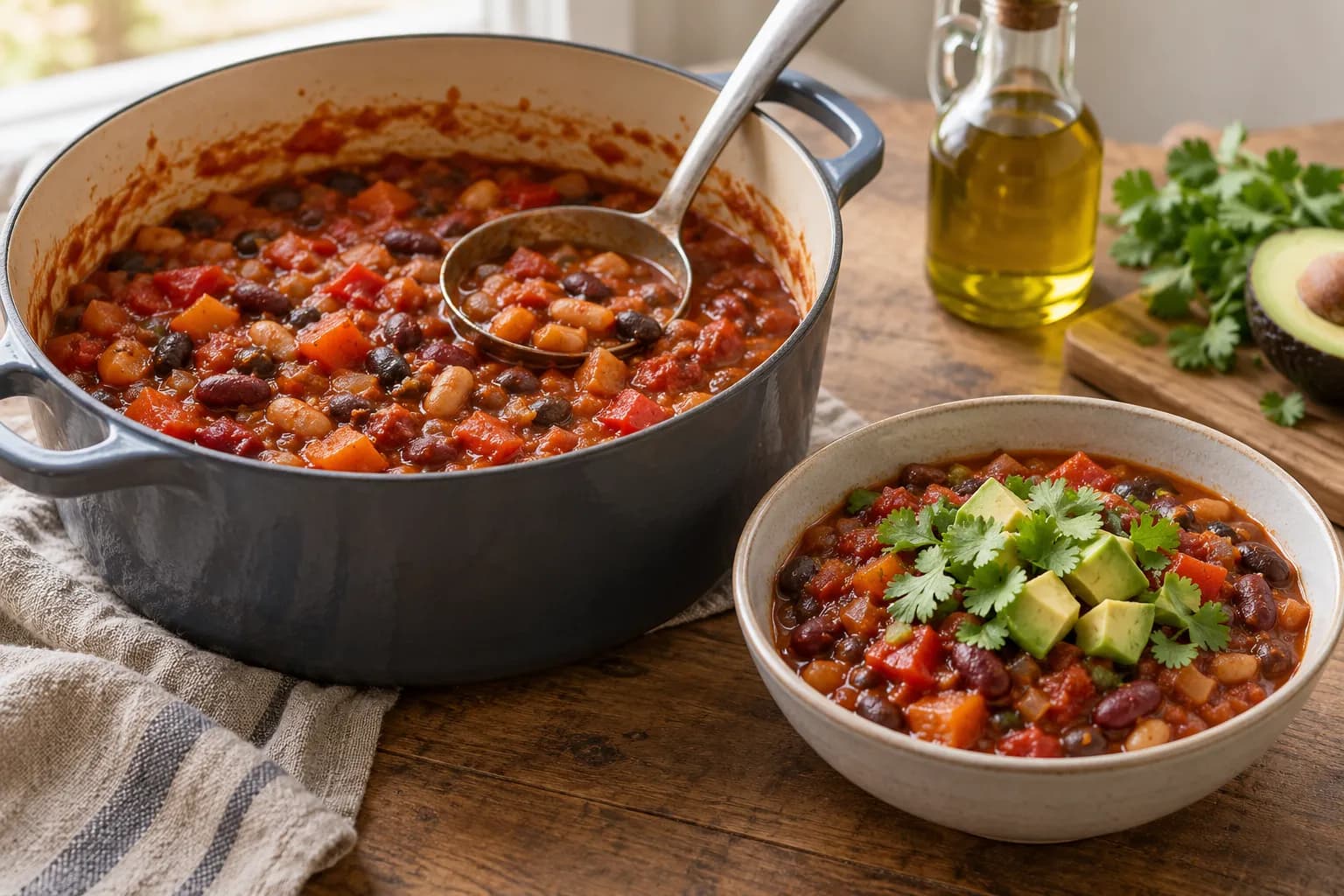A pot of three-bean chilli beside a bowl topped with avocado and coriander, with olive oil behind
