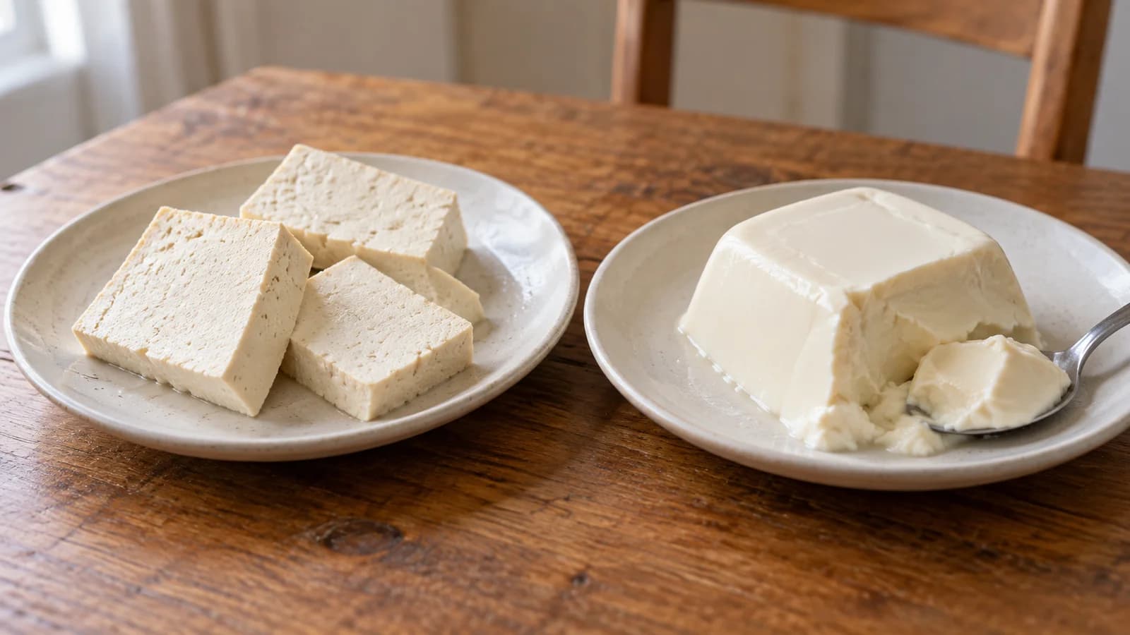 Firm tofu slices and a smooth block of silken tofu on two simple plates.