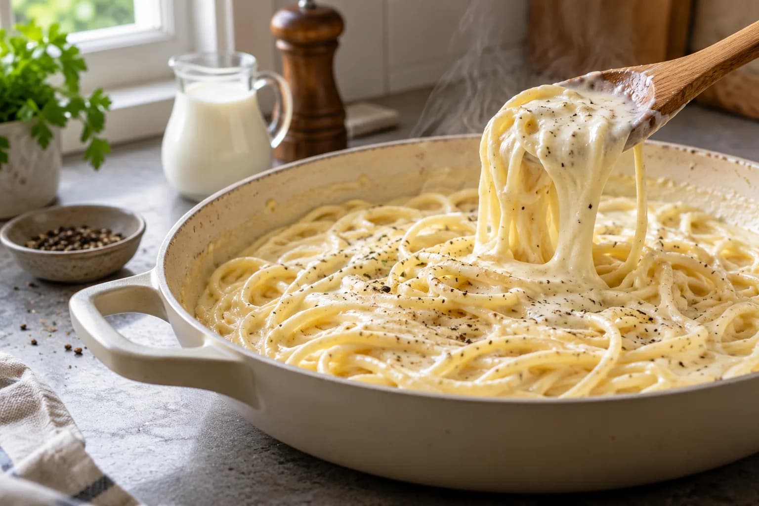 A wide pan of spaghetti in a smooth, glossy cream sauce, with a wooden spoon lifting a ribbon of sauce