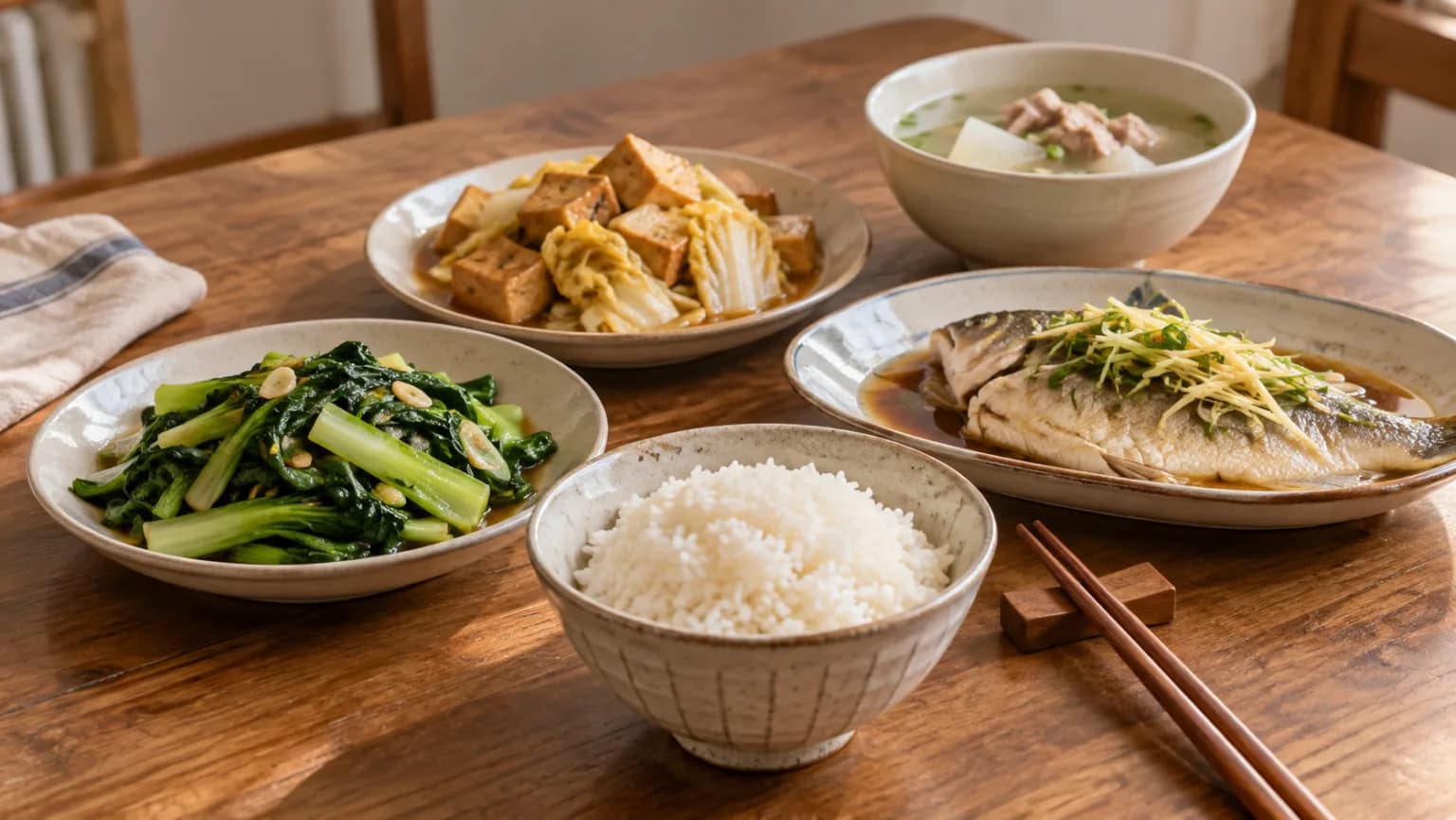 A small bowl of steamed rice on a wooden table with stir-fried greens, tofu with napa cabbage, steamed fish and a bowl of soup