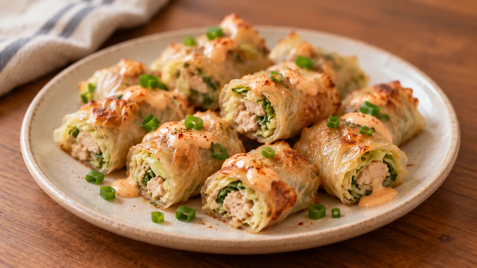Small browned rice-paper chicken bites with spring onion on a plain plate