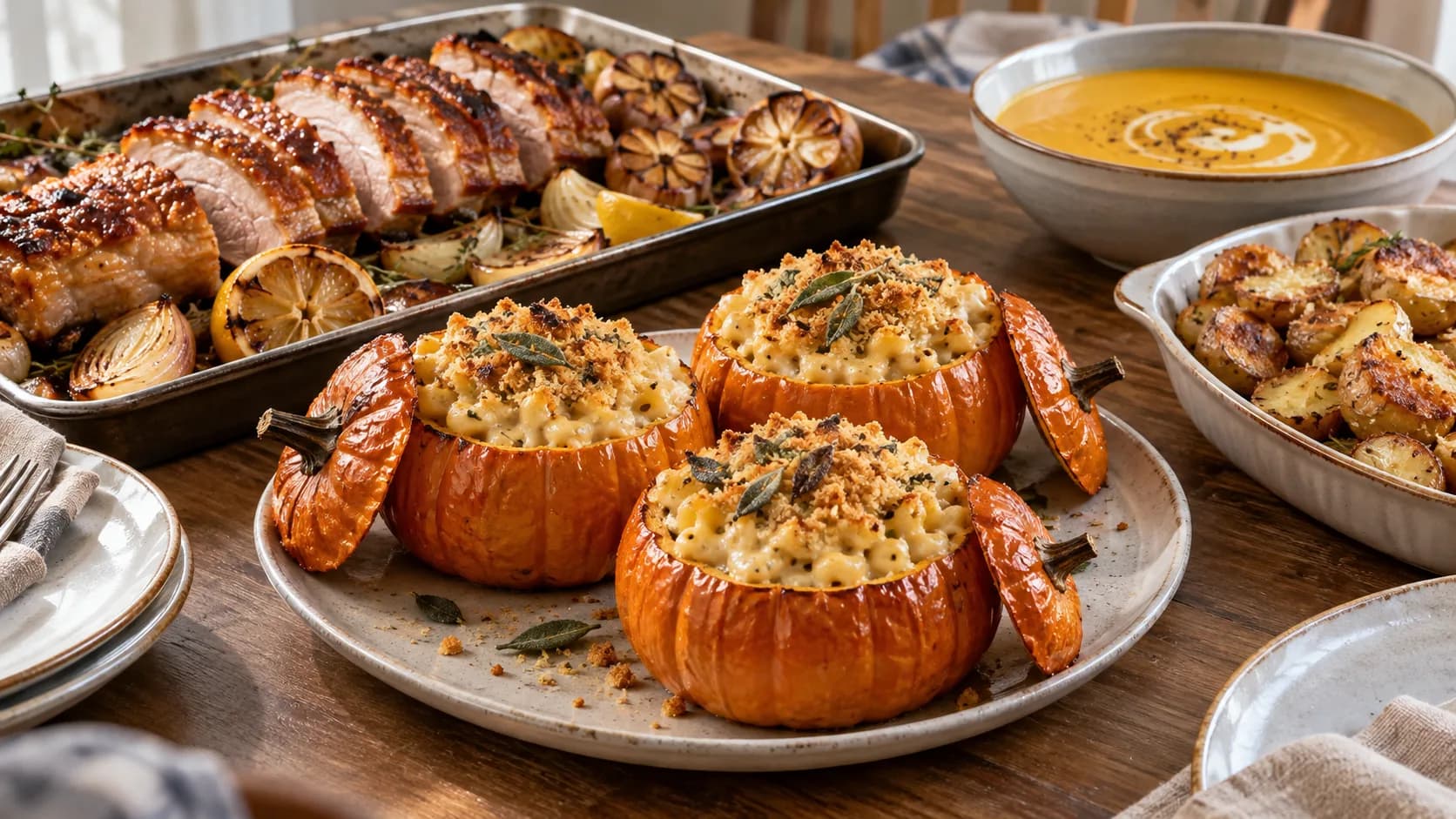 A Thanksgiving table with roast pork belly on a tray of lemon and onion, crisp-edged potatoes, mini pumpkins filled with macaroni cheese and a bowl of orange squash soup
