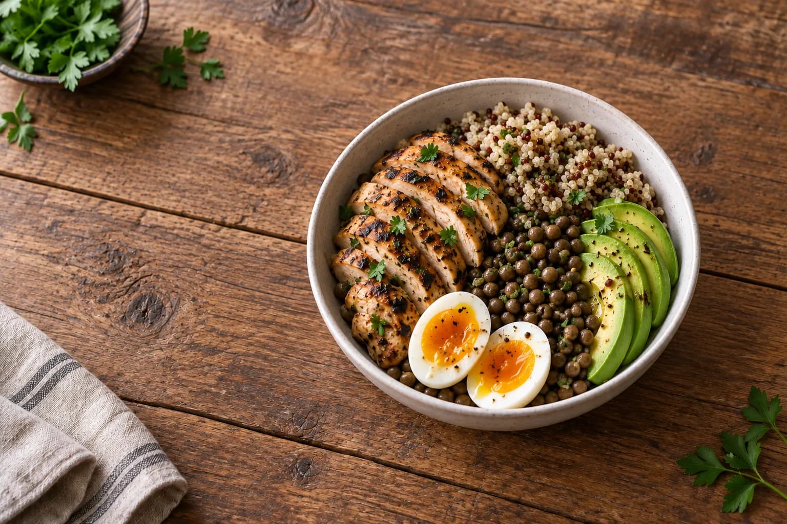 A grain bowl of grilled chicken, lentils, quinoa, sliced avocado and a halved soft-boiled egg on a wooden table