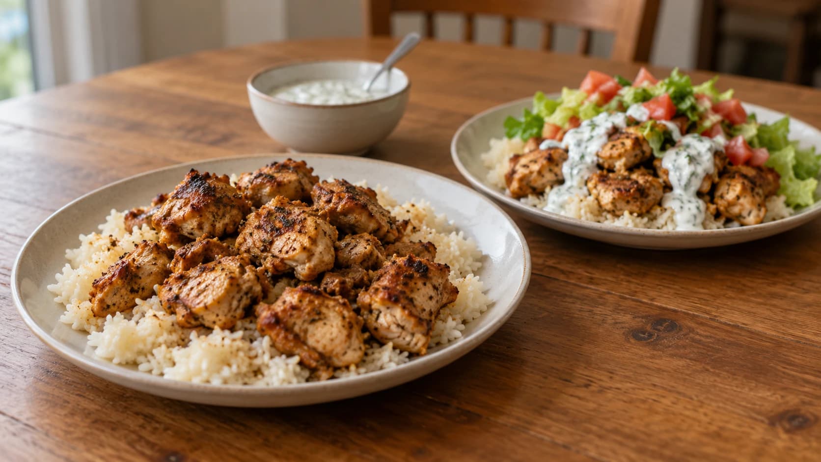 Two plates of chicken and rice, one plain and one with white sauce, lettuce and tomato