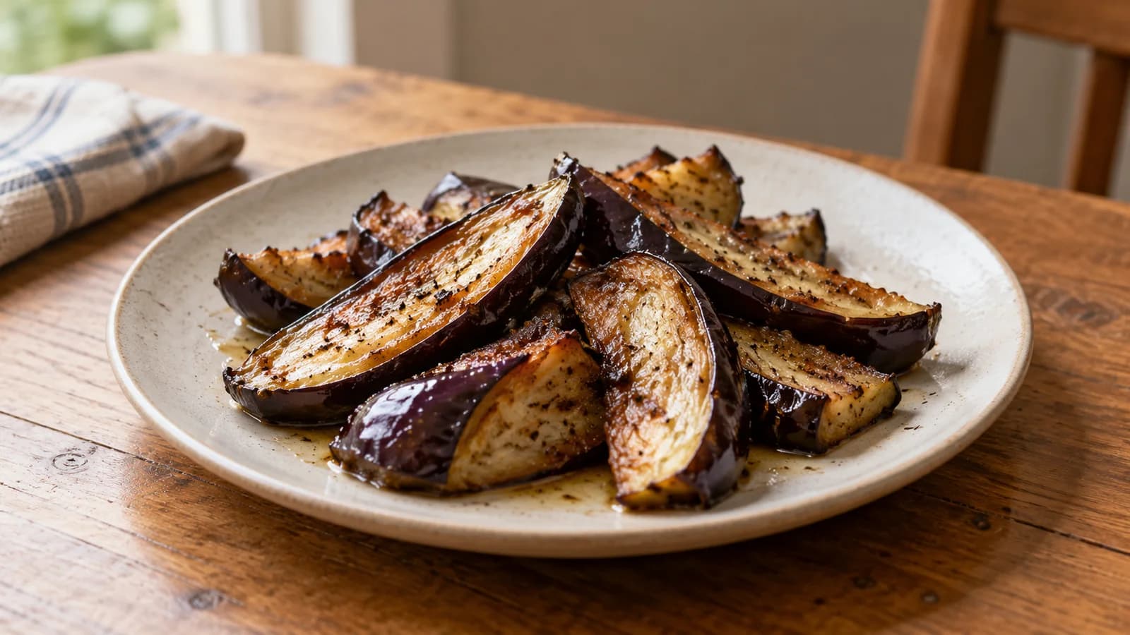 Cooked aubergine wedges with purple skin and lightly browned flesh on a plain plate.