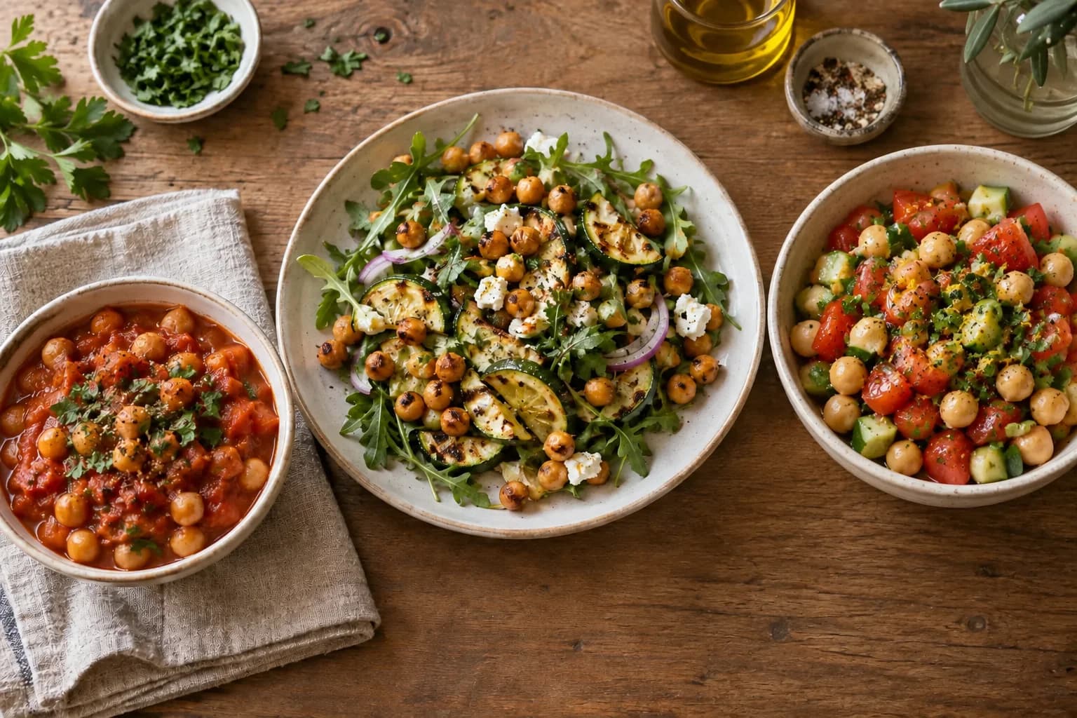 Chickpea stew, crispy chickpea and courgette salad, and a tomato and chickpea bowl on a table