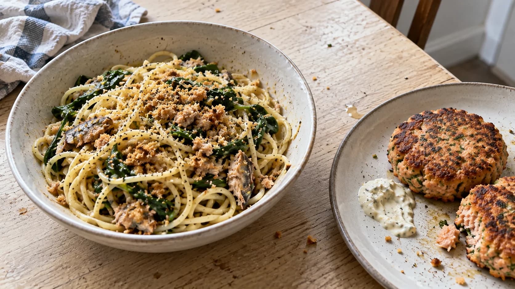 A plate of salmon patties beside a bowl of sardine spaghetti