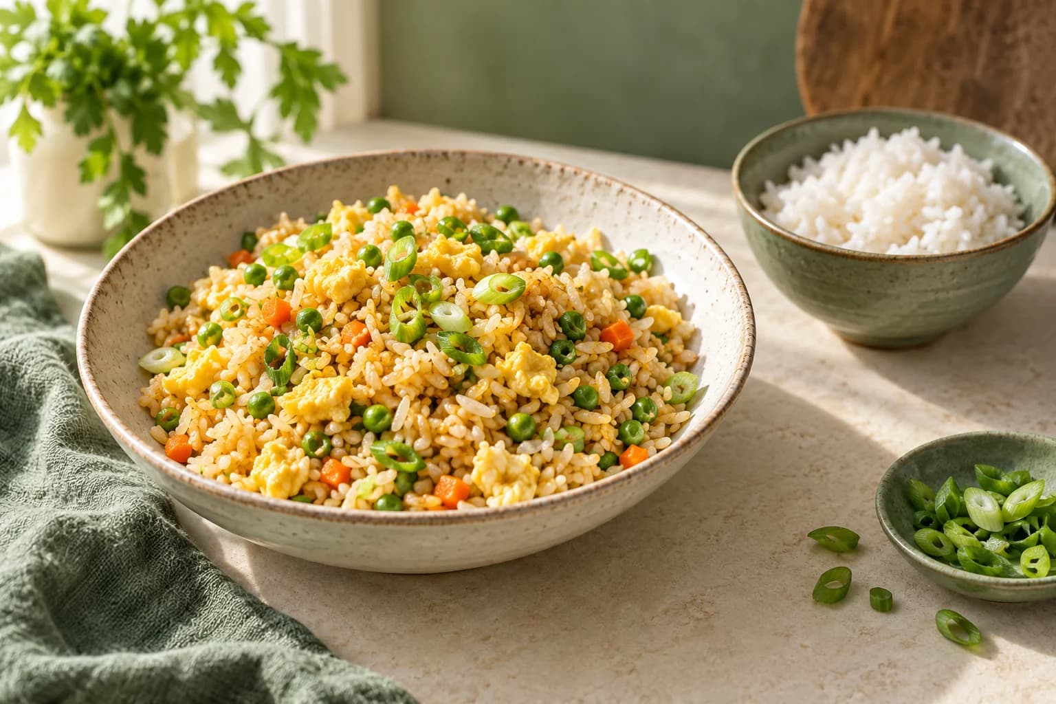 Egg fried rice beside a small bowl of plain cooked rice on a cream table