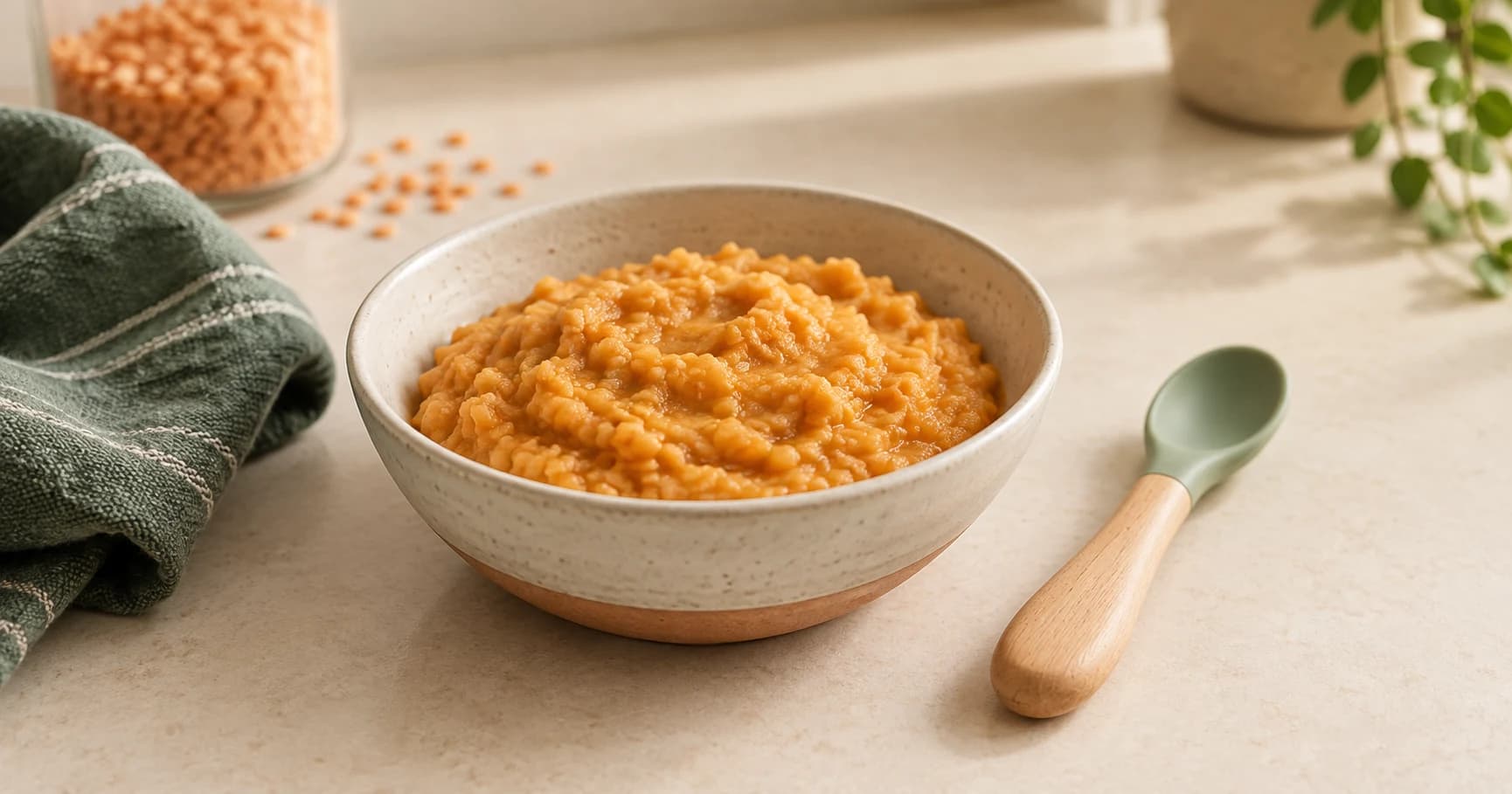 A bowl of softly mashed red lentils with a baby spoon on a cream kitchen table